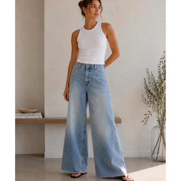 pistola Denim - Pistola Charlie Wide Leg Jeans Women 28 Light Blue Raw Hem Faded High Rise